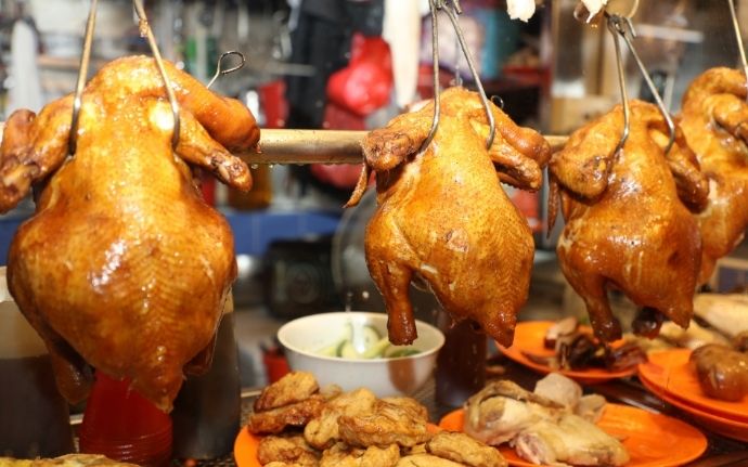 Chicken at chicken rice stall  