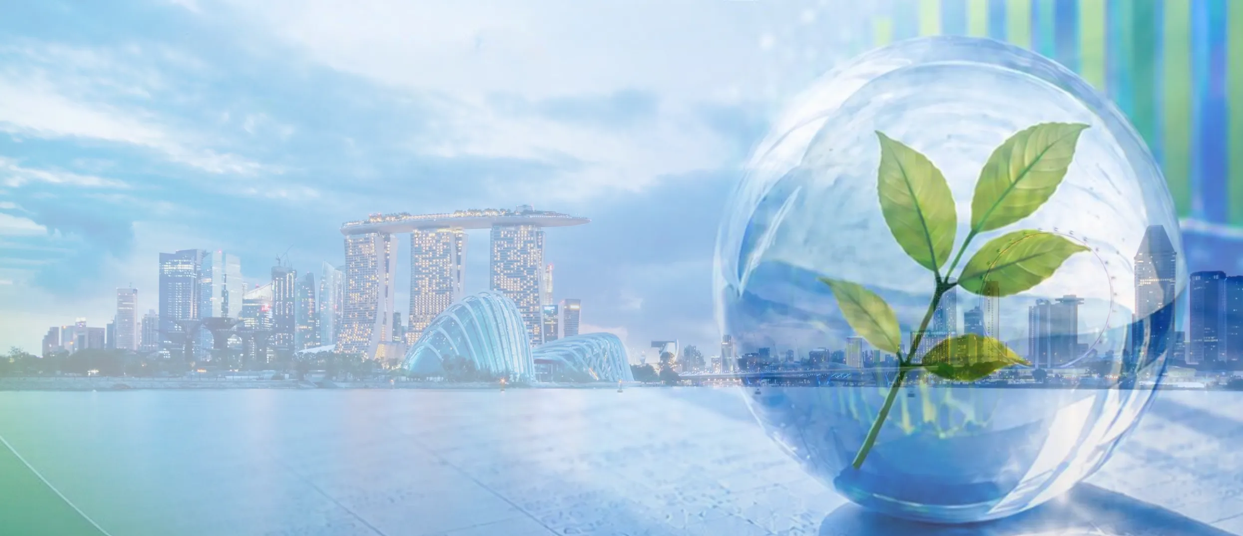 A green seedling growing inside a glass sphere against the Singapore skyline, symbolising sustainability and a greener future.