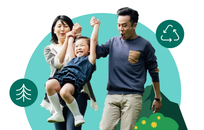A happy family enjoying time together, alongside tree and recycling symbols representing sustainability and a greener future.