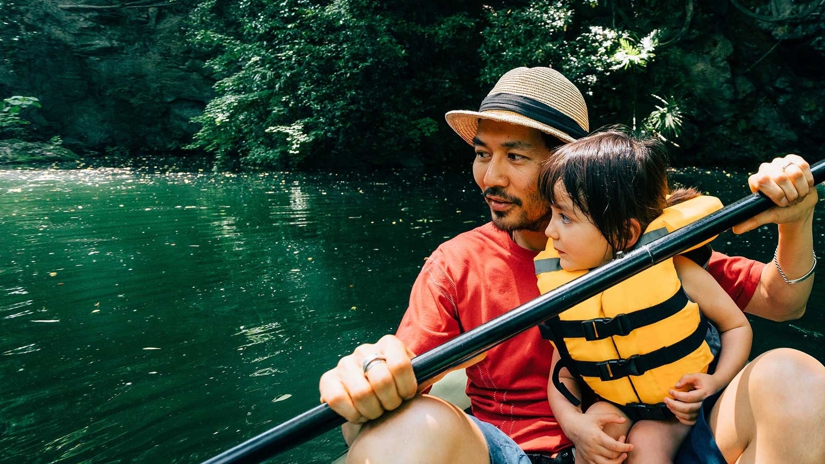 Image of a father and child kayaking